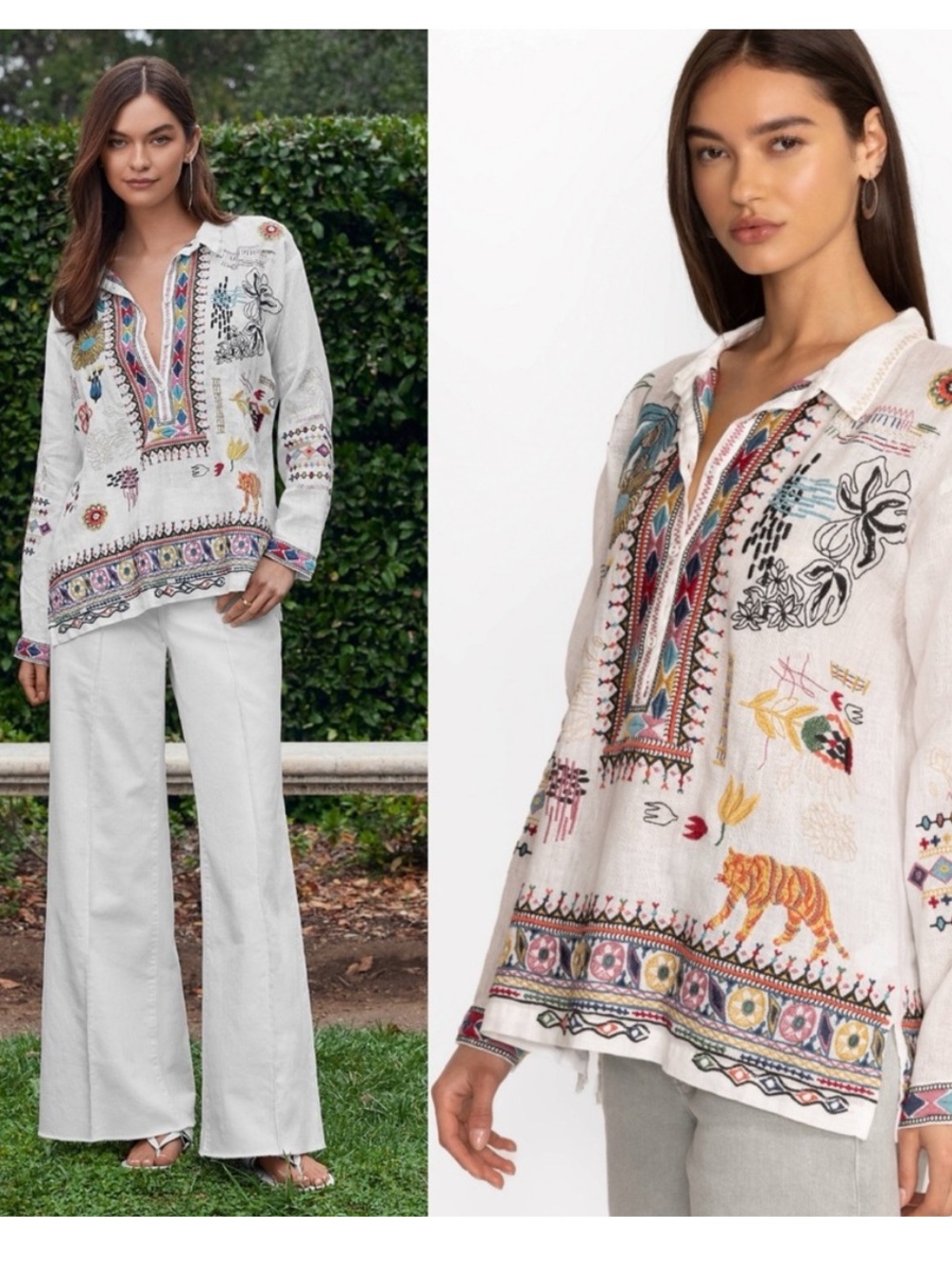 Johnny Was White Embroidered Tiger 100% linen Collared Tunic Shirt